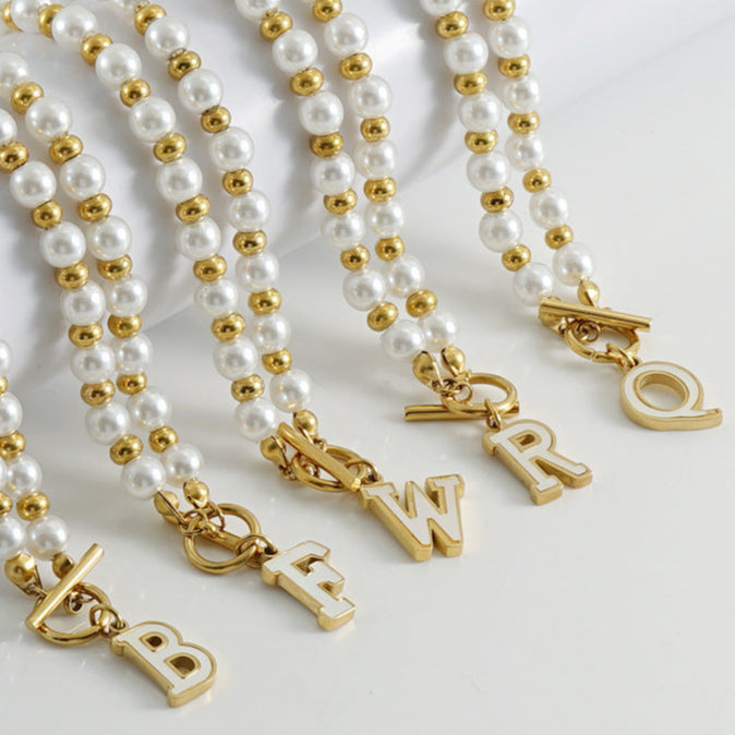 18K Stainless Steel OT Buckle Pearl Necklace Titanium Steel 26 English Shell Letter Pendant Jewelry Gift for Wife Couple Friends Colleagues Family Yourself