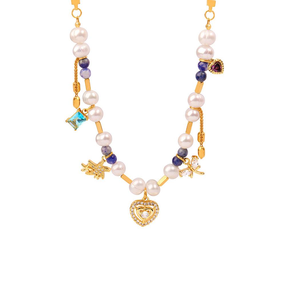 Colorful Rhinestone Bohemian Heart Charm Necklace with Natural Stone, Pearl & Zircon Accents, Elegant Design, Short Length with Metal Coating audrey necklace stacks