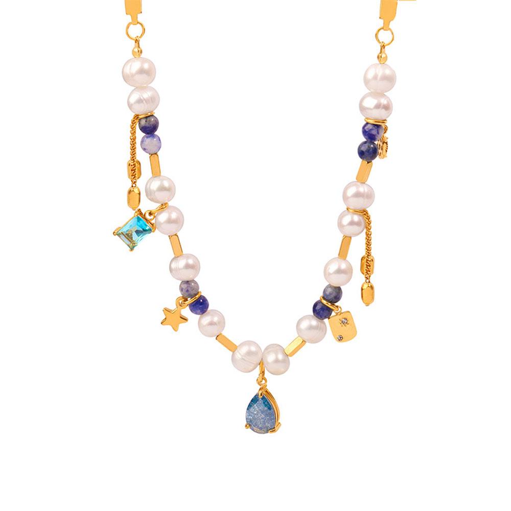 Colorful Rhinestone Bohemian Heart Charm Necklace with Natural Stone, Pearl & Zircon Accents, Elegant Design, Short Length with Metal Coating audrey necklace stacks