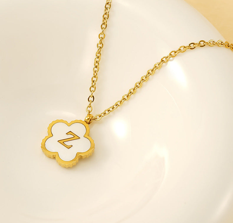 Titanium Steel Five-Petal Flower 18K 26-Letter Shell Pendant Necklace Personalized Initial A B C D Jewelry