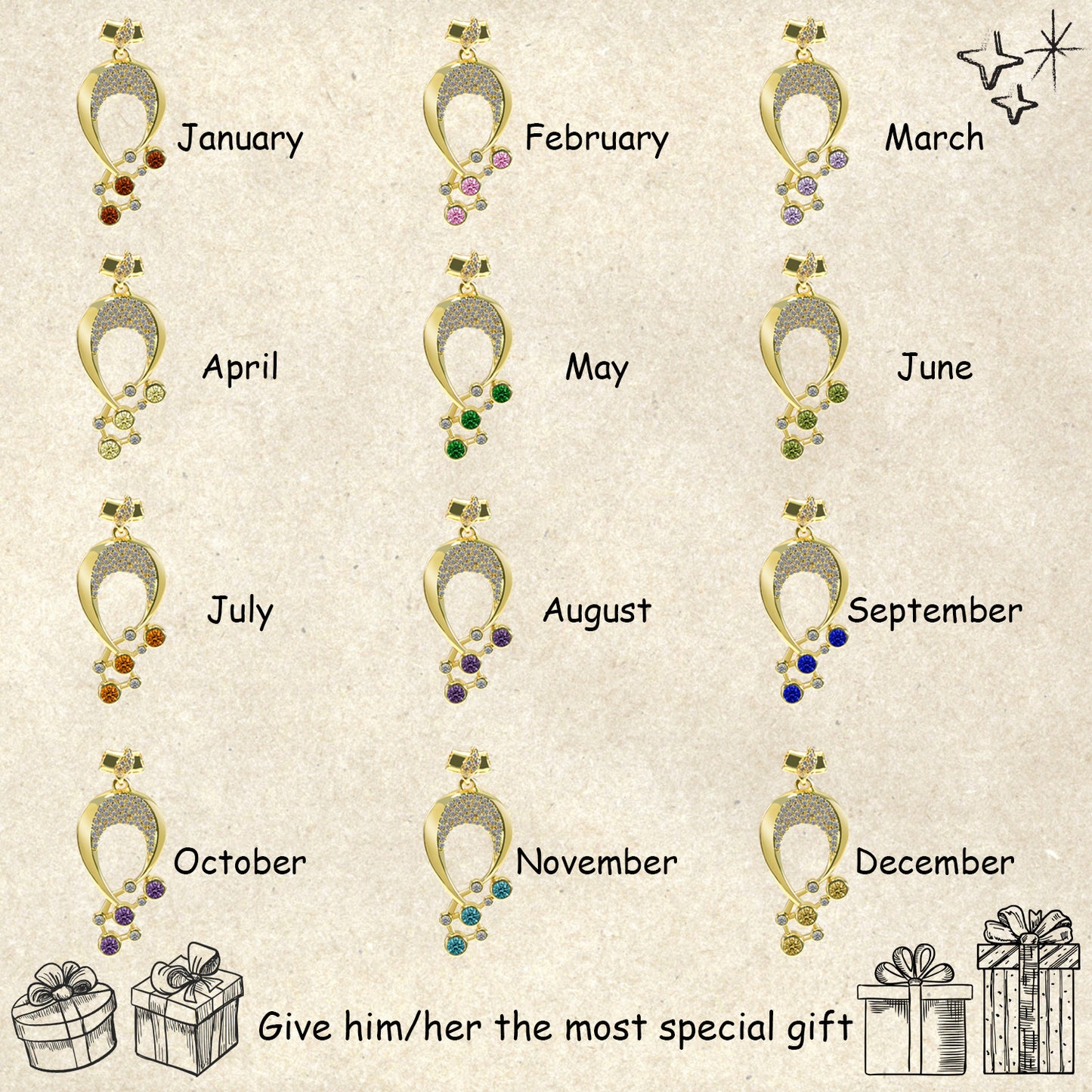 Luna Birthstone Necklace,Multiple Color Pendant Necklace,Plated Pendant Necklace with Gemstone Variations
