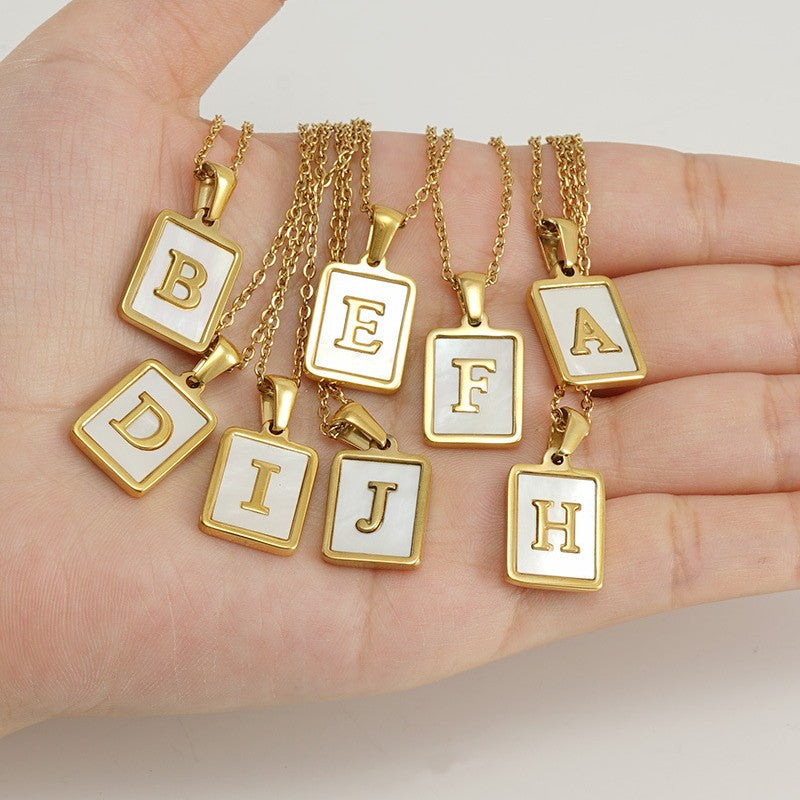 18K Plated Chain Necklaces Male Square Natural Shell Initial Letters Pendant Stainless Steel Jewelry for Women Gifts