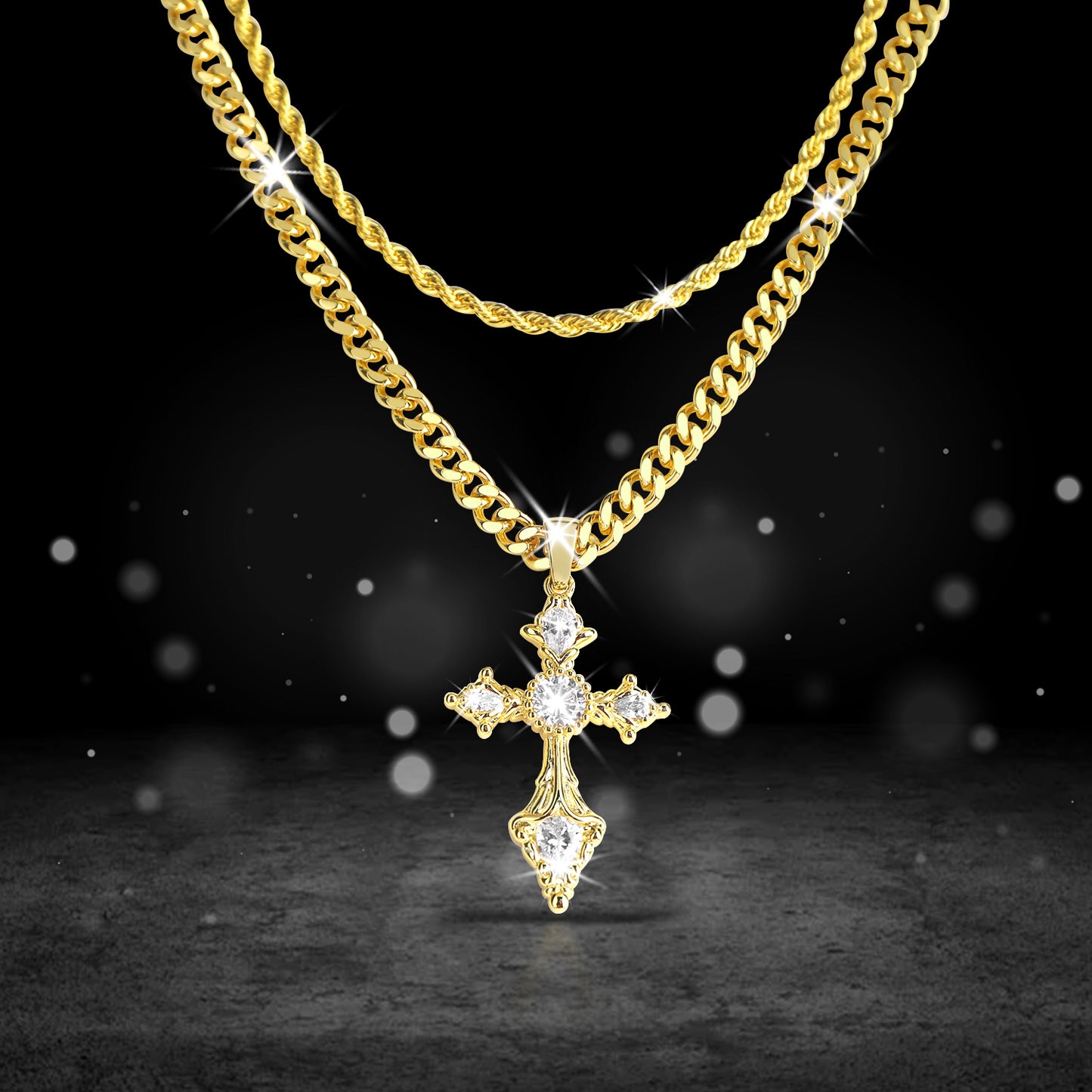 BlissBling Gold-Plated Cross Necklace 14K Gold Plated Double-Layer Chain Hypoallergenic Unisex for Daily Clothing Decoration and Special Occasions
