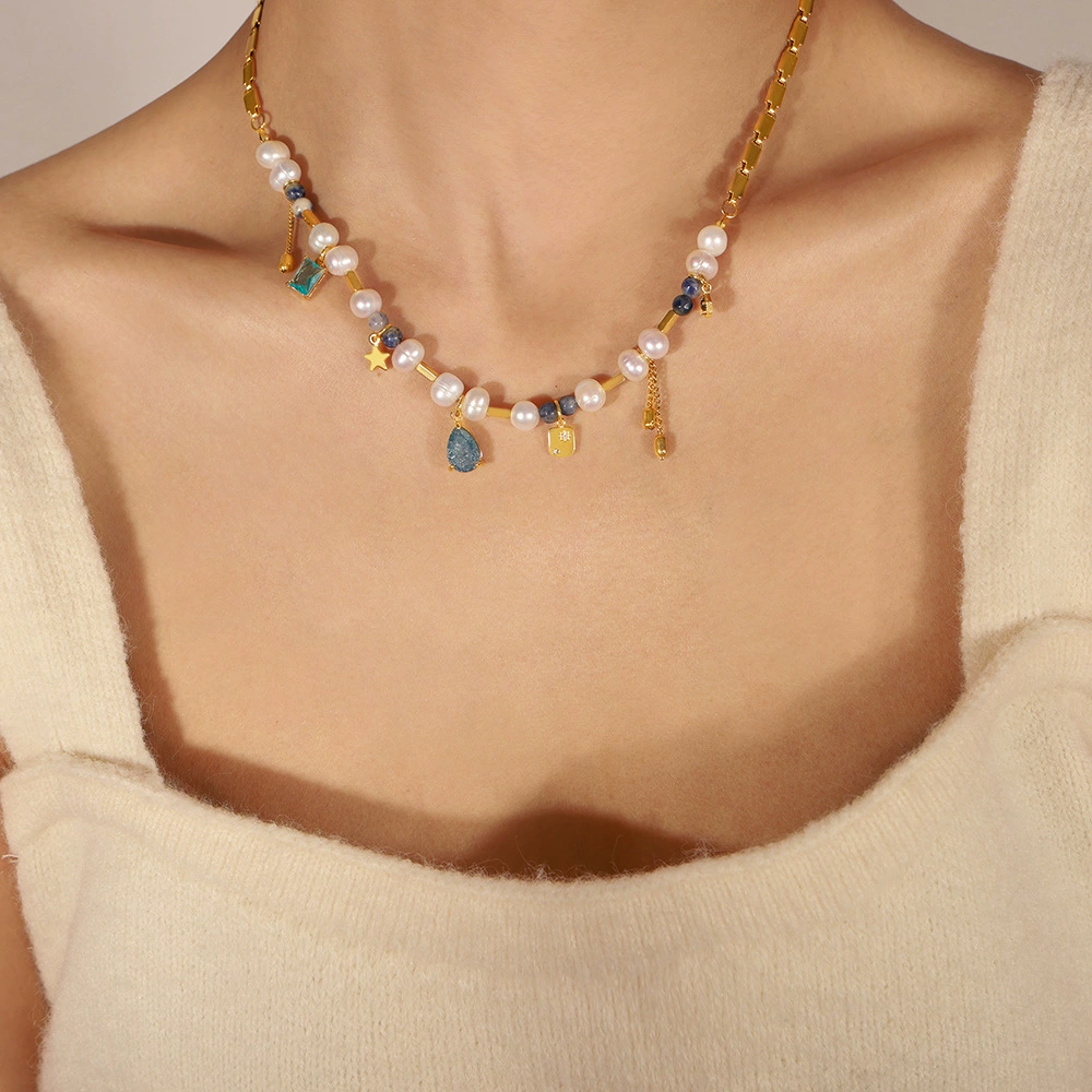 Colorful Rhinestone Bohemian Heart Charm Necklace with Natural Stone, Pearl & Zircon Accents, Elegant Design, Short Length with Metal Coating audrey necklace stacks