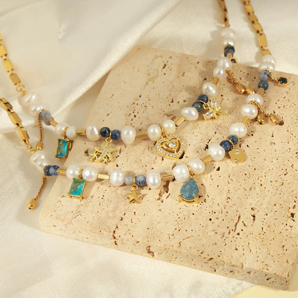 Colorful Rhinestone Bohemian Heart Charm Necklace with Natural Stone, Pearl & Zircon Accents, Elegant Design, Short Length with Metal Coating audrey necklace stacks