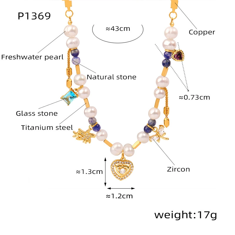 Colorful Rhinestone Bohemian Heart Charm Necklace with Natural Stone, Pearl & Zircon Accents, Elegant Design, Short Length with Metal Coating audrey necklace stacks