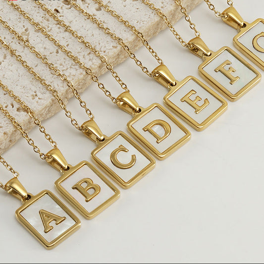 18K Plated Chain Necklaces Male Square Natural Shell Initial Letters Pendant Stainless Steel Jewelry for Women Gifts