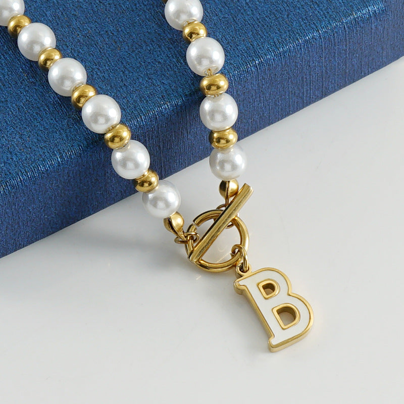 18K Stainless Steel OT Buckle Pearl Necklace Titanium Steel 26 English Shell Letter Pendant Jewelry Gift for Wife Couple Friends Colleagues Family Yourself