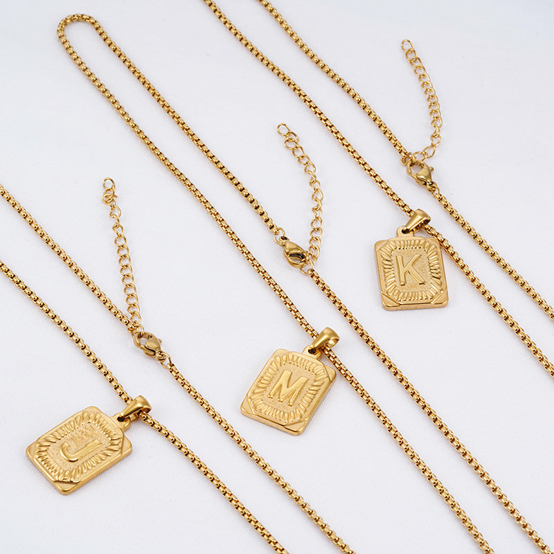 Initial A-Z Letter Pendant Necklace Mens Womens Capital Letter Yellow Gold Plated Stainless Steel Box Chain 22inch