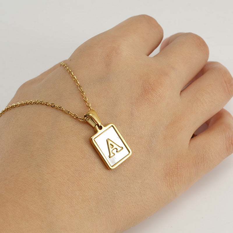18K Plated Chain Necklaces Male Square Natural Shell Initial Letters Pendant Stainless Steel Jewelry for Women Gifts