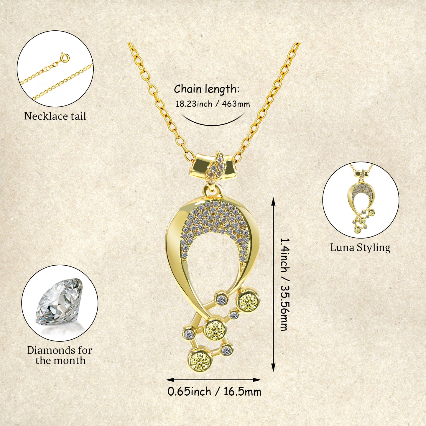 Luna Birthstone Necklace,Multiple Color Pendant Necklace,Plated Pendant Necklace with Gemstone Variations