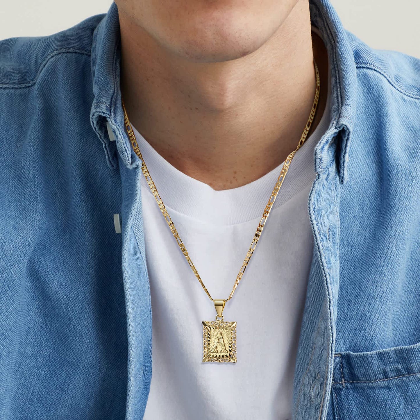 KissYan Initial Letter Pendant Necklace for Men & Women, 14K Gold Plated Alphabet Necklace on Figaro Chain, Elegant Design