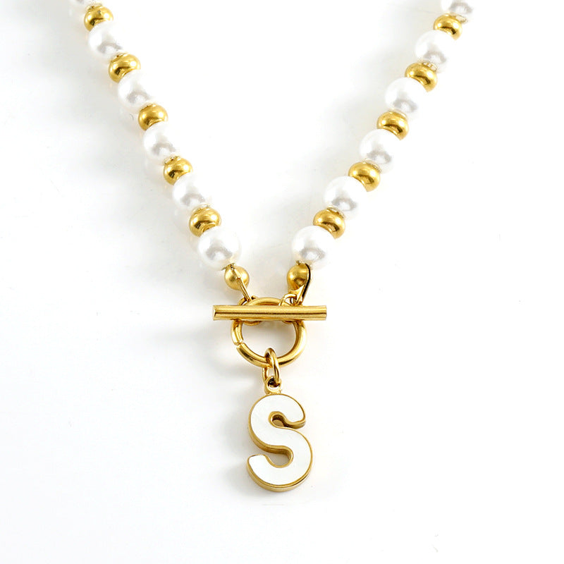 18K Stainless Steel OT Buckle Pearl Necklace Titanium Steel 26 English Shell Letter Pendant Jewelry Gift for Wife Couple Friends Colleagues Family Yourself