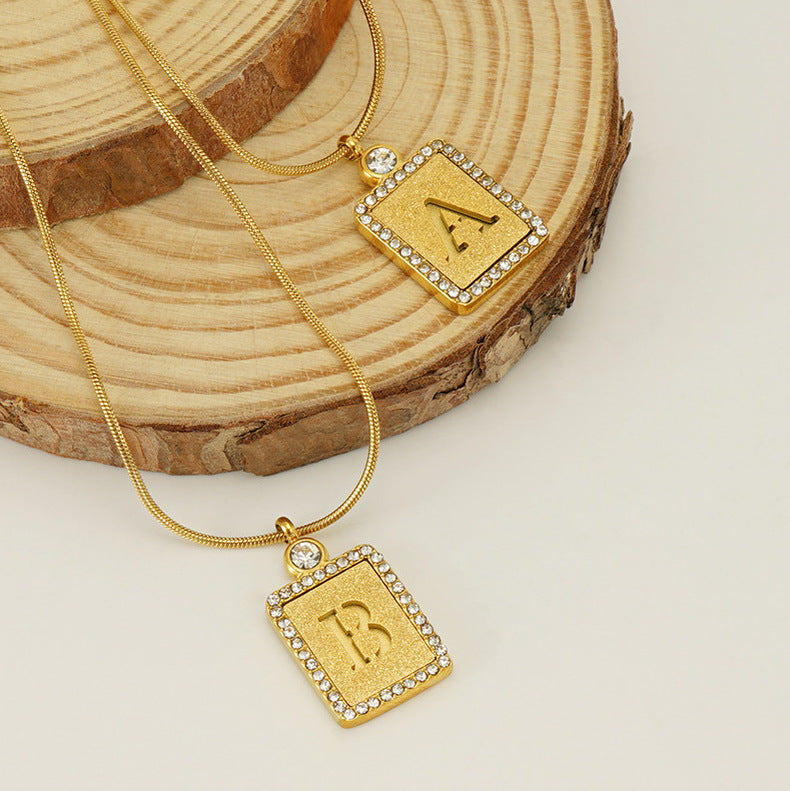 Women's Stainless Steel Pressed Sand Letter Necklace Set with Diamonds 18K Hollow Letter Pendant Clavicle Chain Jewelry
