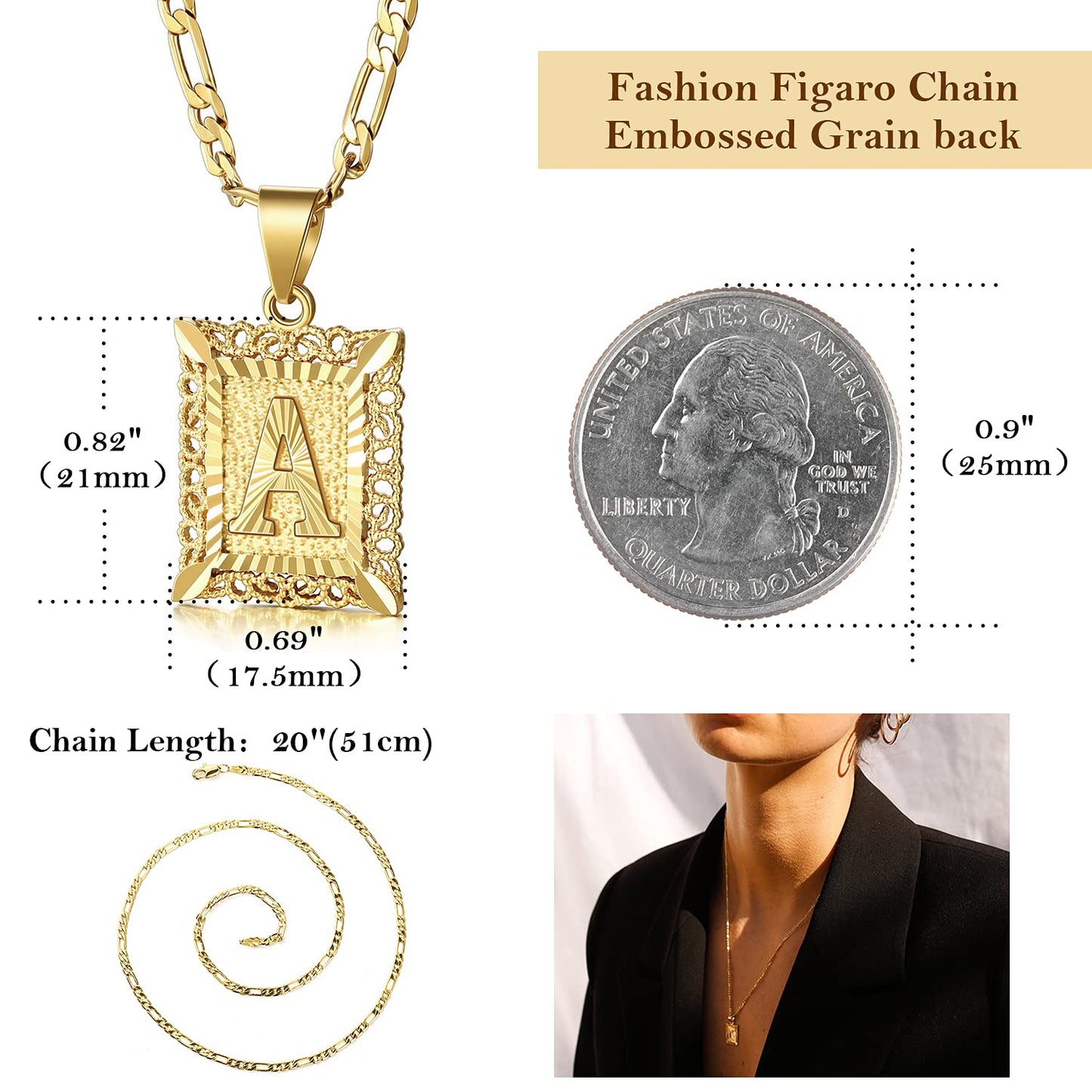 KissYan Initial Letter Pendant Necklace for Men & Women, 14K Gold Plated Alphabet Necklace on Figaro Chain, Elegant Design