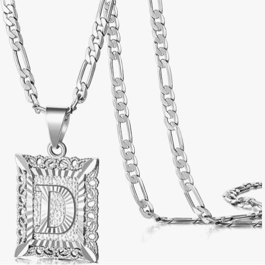 Figaro KissYan Initial Letter Pendant Necklace for Men & Womens Platinum Gold Plated Square Capiton Necklace - 50cm Chain, 2.3cm Pendant