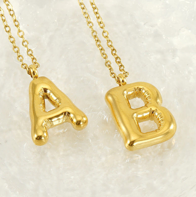 Personalized Bubble Letter Necklace – 26 Initial Pendant A–Z, Polished Titanium Steel Jewelry
