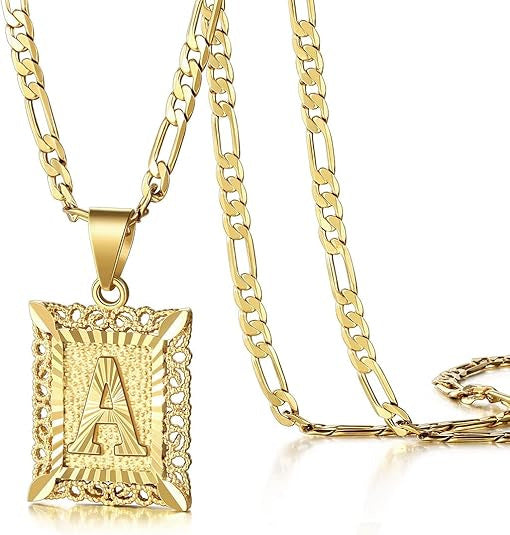 KissYan Initial Letter Pendant Necklace for Men & Women, 14K Gold Plated Alphabet Necklace on Figaro Chain, Elegant Design