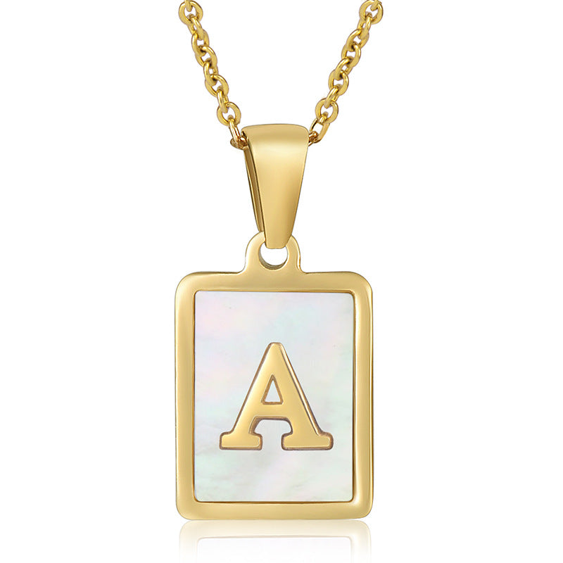 18K Plated Chain Necklaces Male Square Natural Shell Initial Letters Pendant Stainless Steel Jewelry for Women Gifts