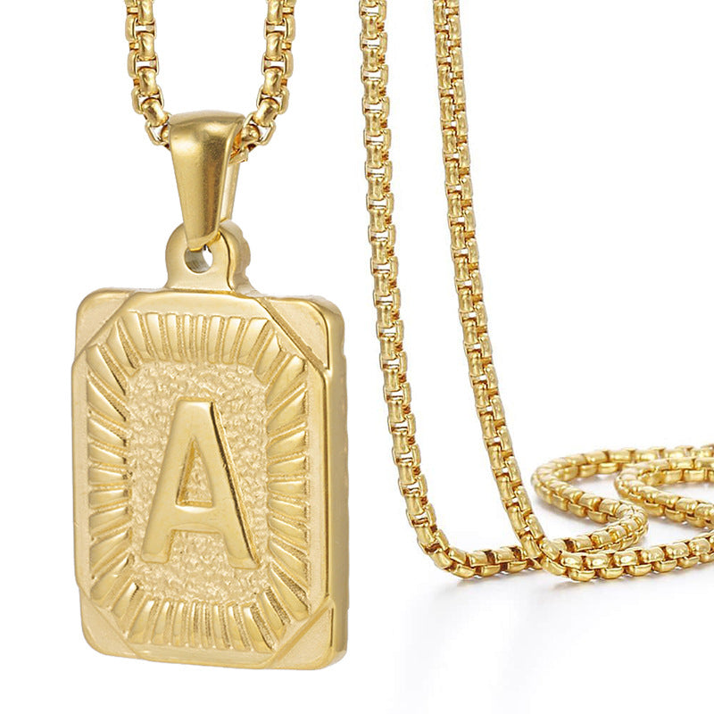 Initial A-Z Letter Pendant Necklace Mens Womens Capital Letter Yellow Gold Plated Stainless Steel Box Chain 22inch