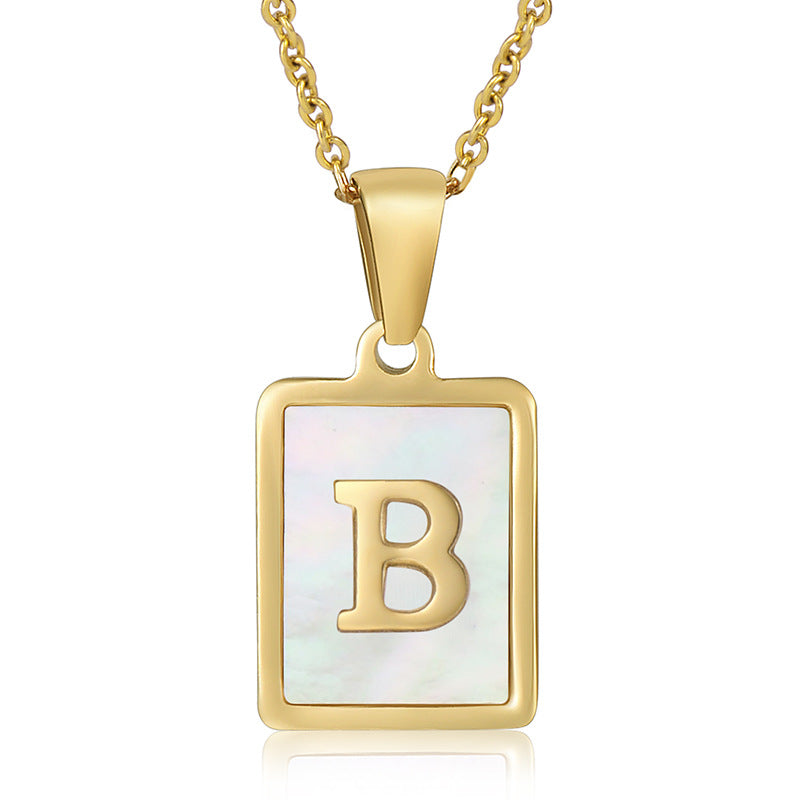 18K Plated Chain Necklaces Male Square Natural Shell Initial Letters Pendant Stainless Steel Jewelry for Women Gifts