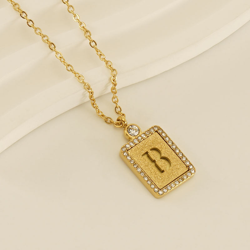 Women's Stainless Steel Pressed Sand Letter Necklace Set with Diamonds 18K Hollow Letter Pendant Clavicle Chain Jewelry