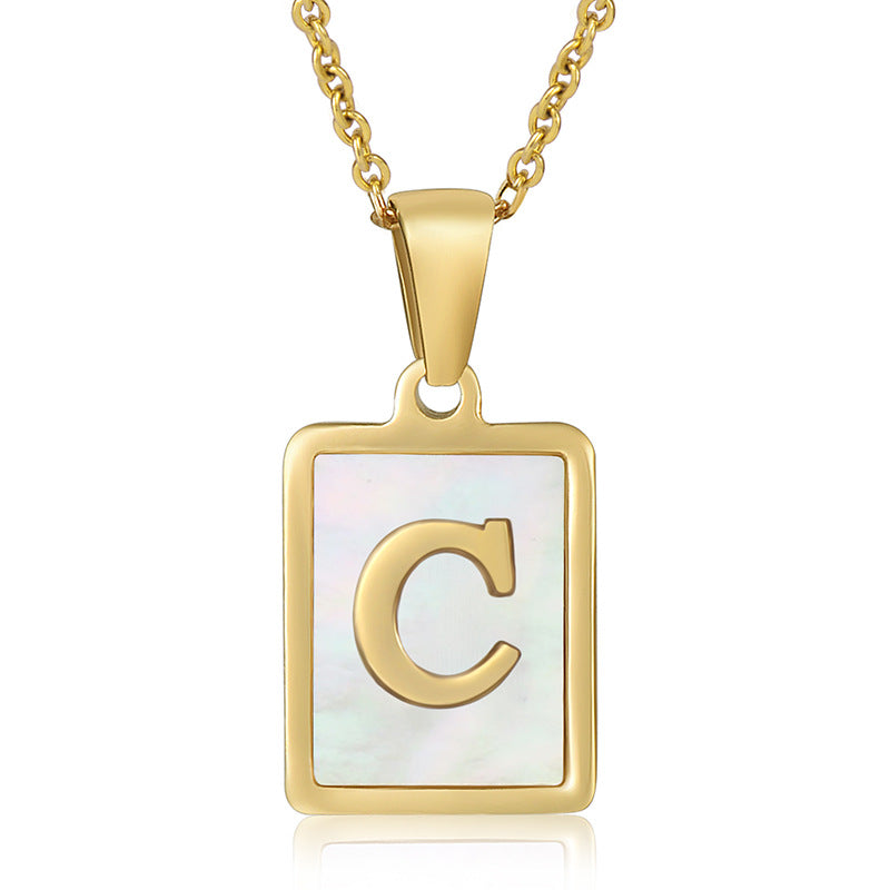 18K Plated Chain Necklaces Male Square Natural Shell Initial Letters Pendant Stainless Steel Jewelry for Women Gifts