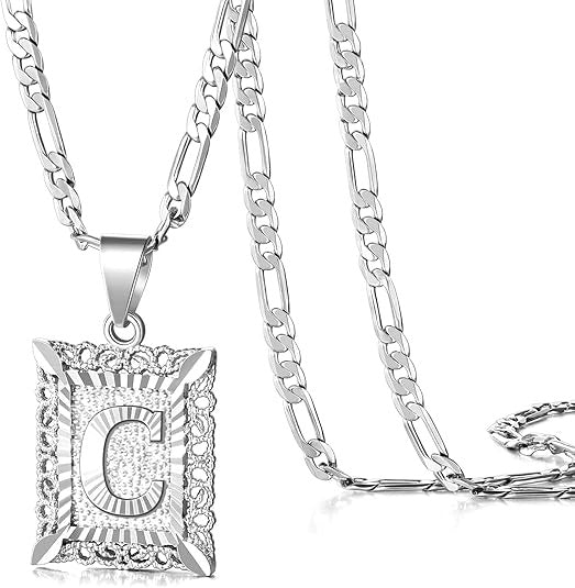 Figaro KissYan Initial Letter Pendant Necklace for Men & Womens Platinum Gold Plated Square Capiton Necklace - 50cm Chain, 2.3cm Pendant