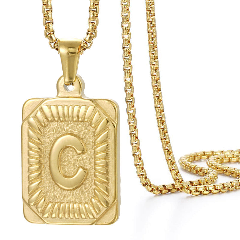 Initial A-Z Letter Pendant Necklace Mens Womens Capital Letter Yellow Gold Plated Stainless Steel Box Chain 22inch