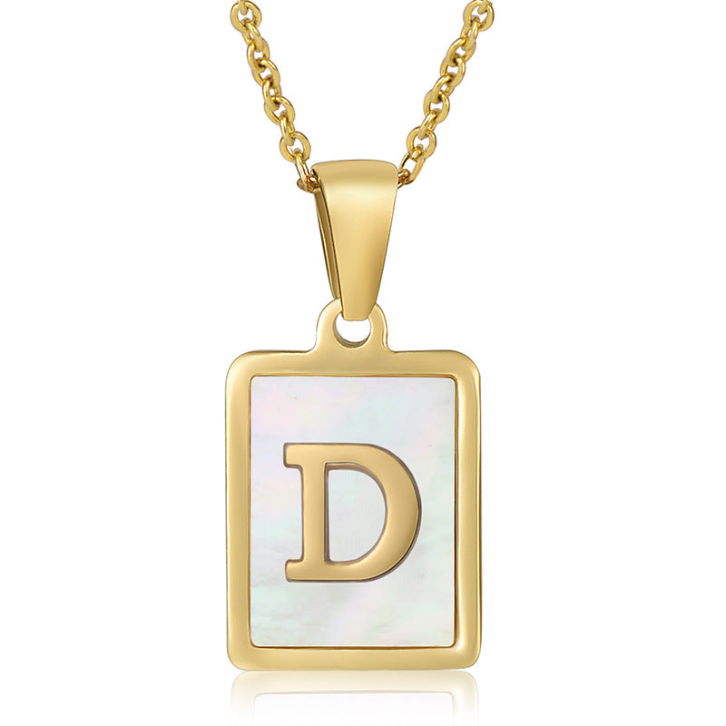 18K Plated Chain Necklaces Male Square Natural Shell Initial Letters Pendant Stainless Steel Jewelry for Women Gifts