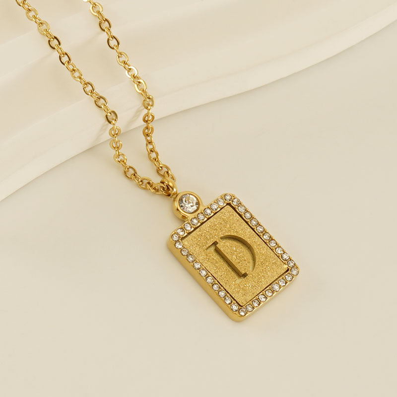 Women's Stainless Steel Pressed Sand Letter Necklace Set with Diamonds 18K Hollow Letter Pendant Clavicle Chain Jewelry