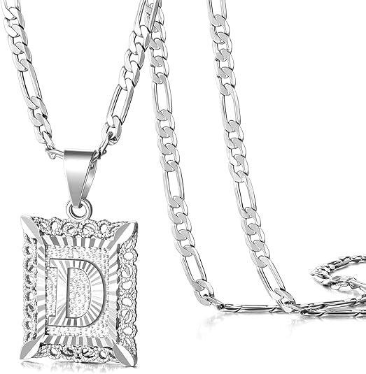 Figaro KissYan Initial Letter Pendant Necklace for Men & Womens Platinum Gold Plated Square Capiton Necklace - 50cm Chain, 2.3cm Pendant