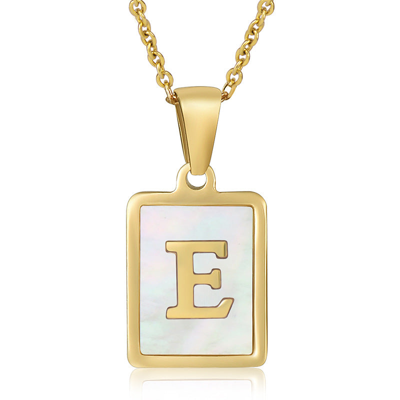 18K Plated Chain Necklaces Male Square Natural Shell Initial Letters Pendant Stainless Steel Jewelry for Women Gifts