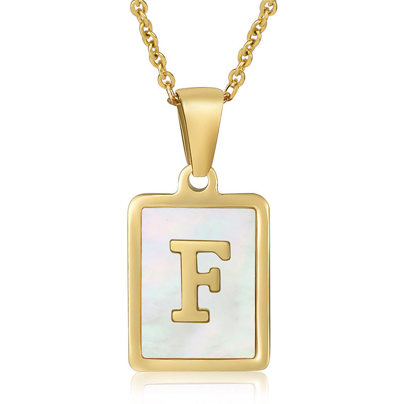 18K Plated Chain Necklaces Male Square Natural Shell Initial Letters Pendant Stainless Steel Jewelry for Women Gifts