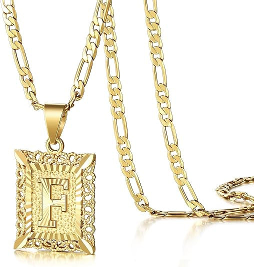 KissYan Initial Letter Pendant Necklace for Men & Women, 14K Gold Plated Alphabet Necklace on Figaro Chain, Elegant Design
