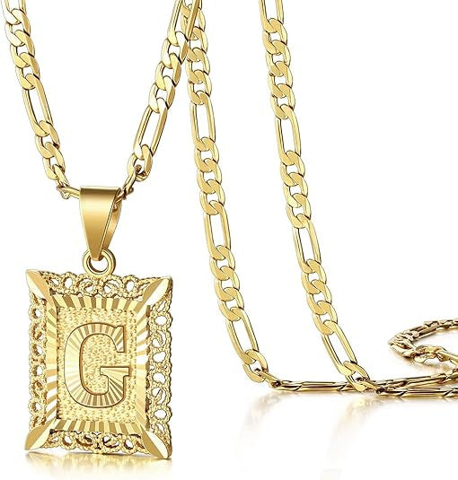 KissYan Initial Letter Pendant Necklace for Men & Women, 14K Gold Plated Alphabet Necklace on Figaro Chain, Elegant Design