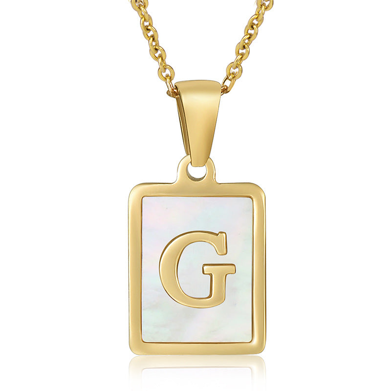18K Plated Chain Necklaces Male Square Natural Shell Initial Letters Pendant Stainless Steel Jewelry for Women Gifts