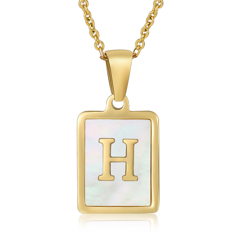18K Plated Chain Necklaces Male Square Natural Shell Initial Letters Pendant Stainless Steel Jewelry for Women Gifts