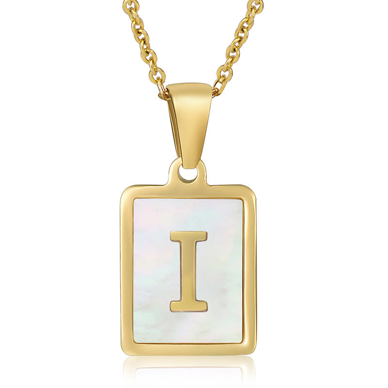 18K Plated Chain Necklaces Male Square Natural Shell Initial Letters Pendant Stainless Steel Jewelry for Women Gifts