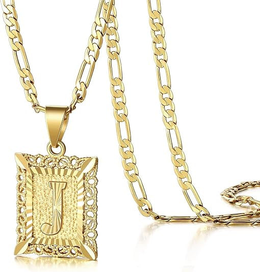 KissYan Initial Letter Pendant Necklace for Men & Women, 14K Gold Plated Alphabet Necklace on Figaro Chain, Elegant Design