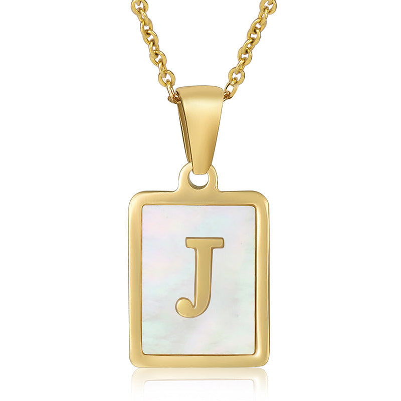 18K Plated Chain Necklaces Male Square Natural Shell Initial Letters Pendant Stainless Steel Jewelry for Women Gifts