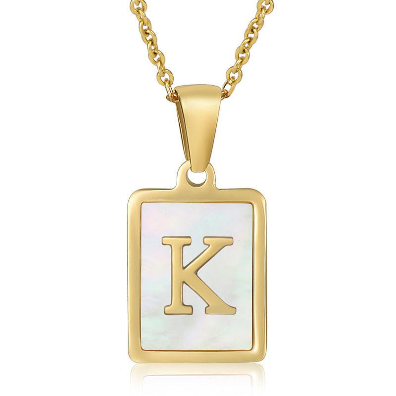 18K Plated Chain Necklaces Male Square Natural Shell Initial Letters Pendant Stainless Steel Jewelry for Women Gifts