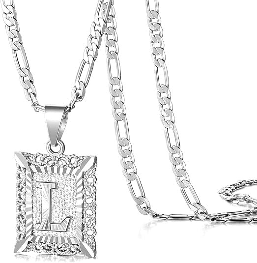 Figaro KissYan Initial Letter Pendant Necklace for Men & Womens Platinum Gold Plated Square Capiton Necklace - 50cm Chain, 2.3cm Pendant