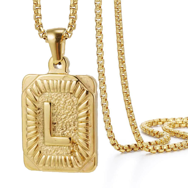 Initial A-Z Letter Pendant Necklace Mens Womens Capital Letter Yellow Gold Plated Stainless Steel Box Chain 22inch