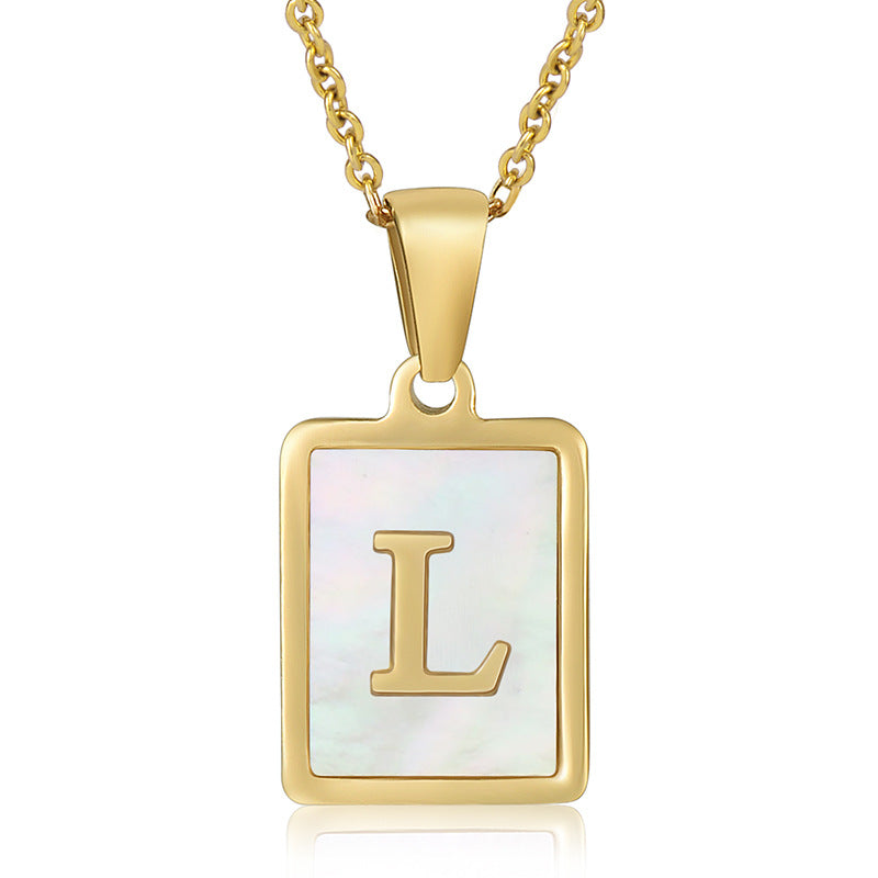 18K Plated Chain Necklaces Male Square Natural Shell Initial Letters Pendant Stainless Steel Jewelry for Women Gifts