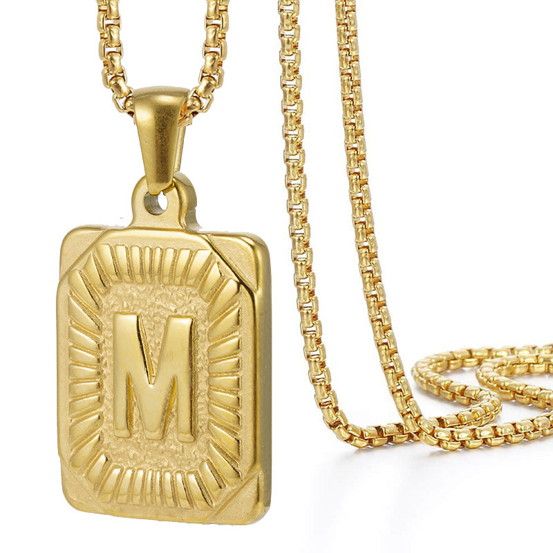 Initial A-Z Letter Pendant Necklace Mens Womens Capital Letter Yellow Gold Plated Stainless Steel Box Chain 22inch