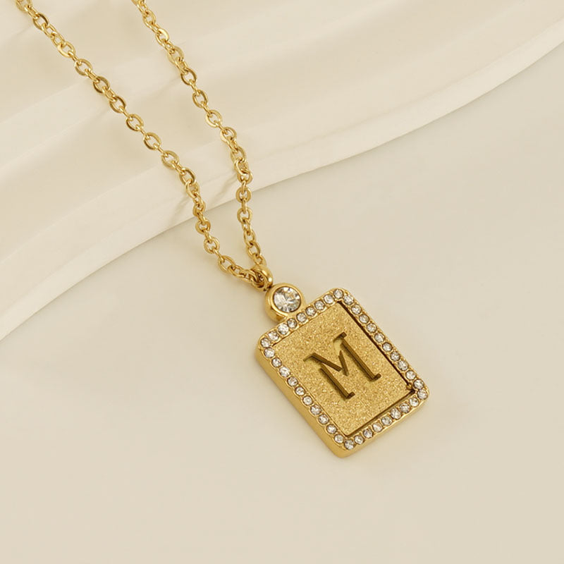 Women's Stainless Steel Pressed Sand Letter Necklace Set with Diamonds 18K Hollow Letter Pendant Clavicle Chain Jewelry