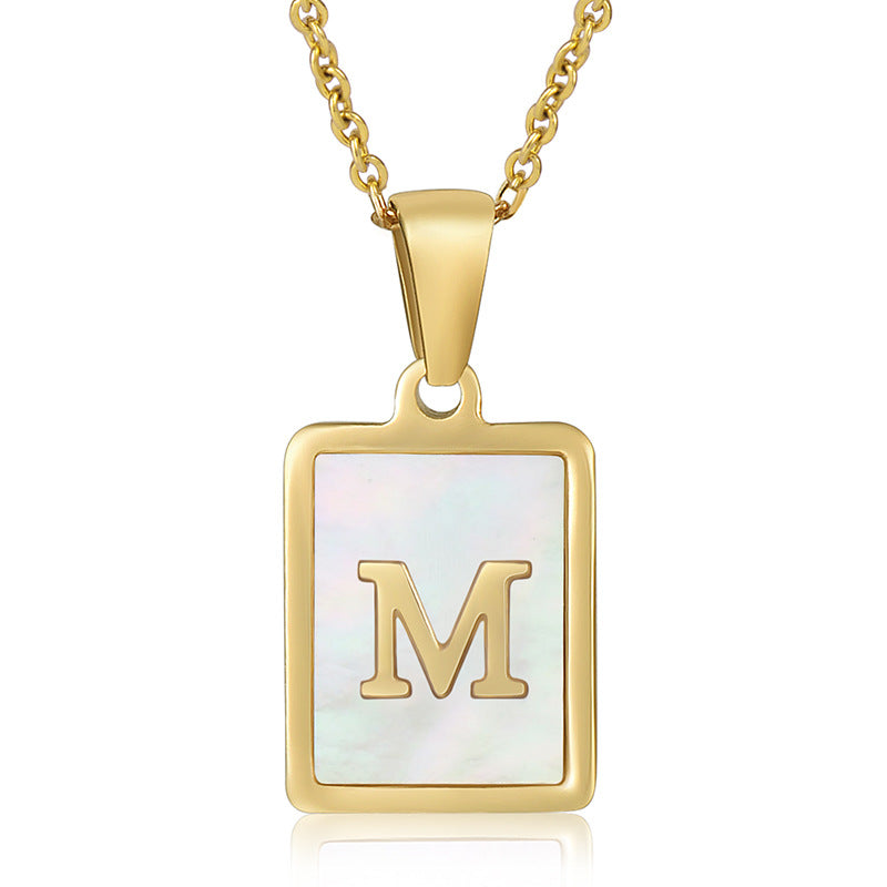 18K Plated Chain Necklaces Male Square Natural Shell Initial Letters Pendant Stainless Steel Jewelry for Women Gifts