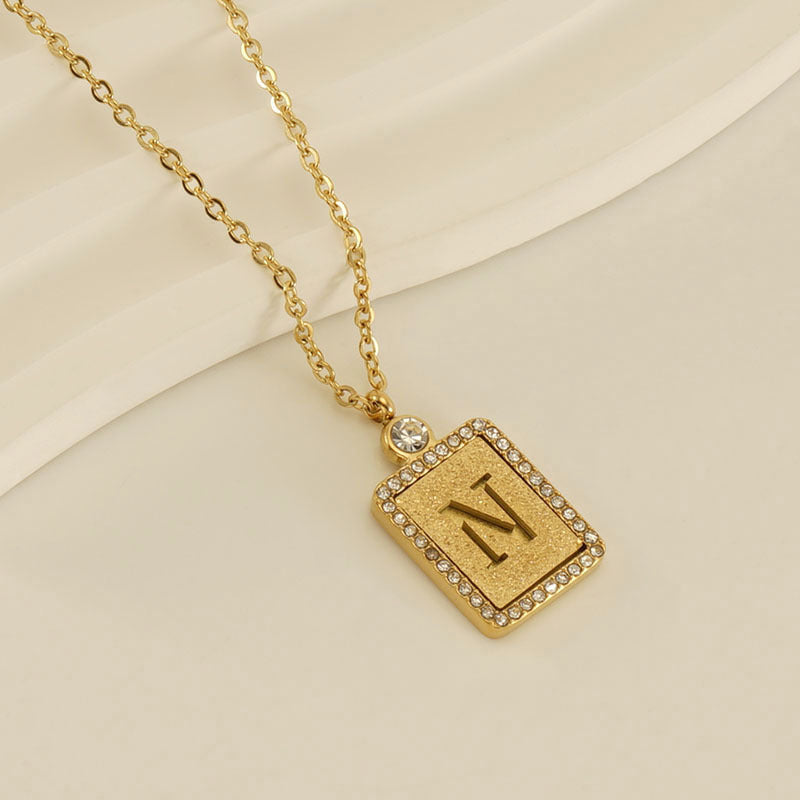 Women's Stainless Steel Pressed Sand Letter Necklace Set with Diamonds 18K Hollow Letter Pendant Clavicle Chain Jewelry