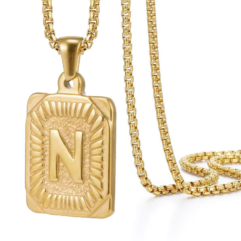 Initial A-Z Letter Pendant Necklace Mens Womens Capital Letter Yellow Gold Plated Stainless Steel Box Chain 22inch